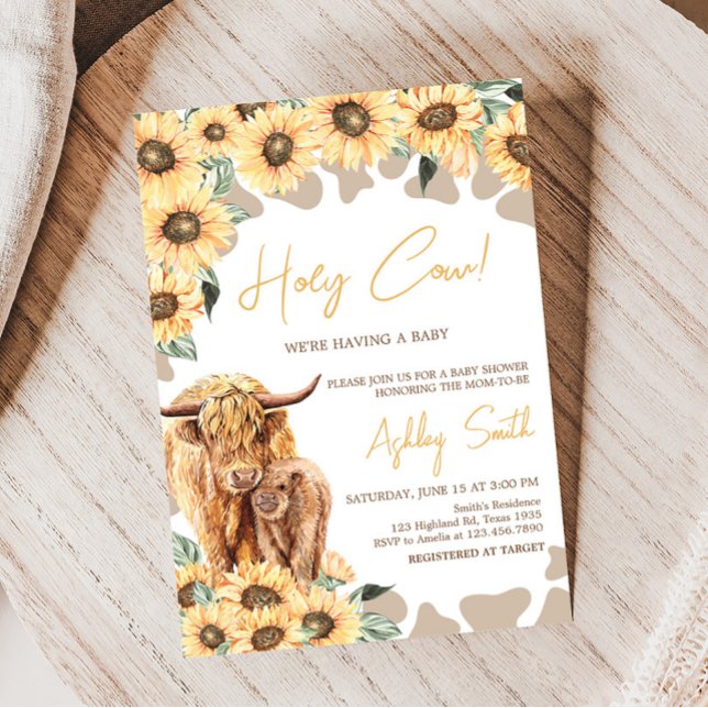 Sonnenblume Hochland Kuh Baby Dusche Einladung (Summer Holy Cow Baby Shower Invitation)