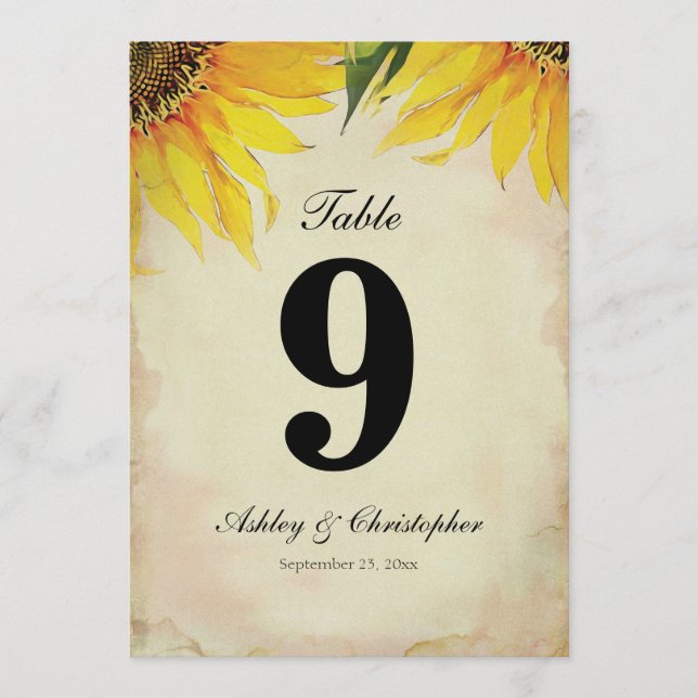 Sonnenblume Hochzeitsseminar Tischnummer Nine (Vorderseite)