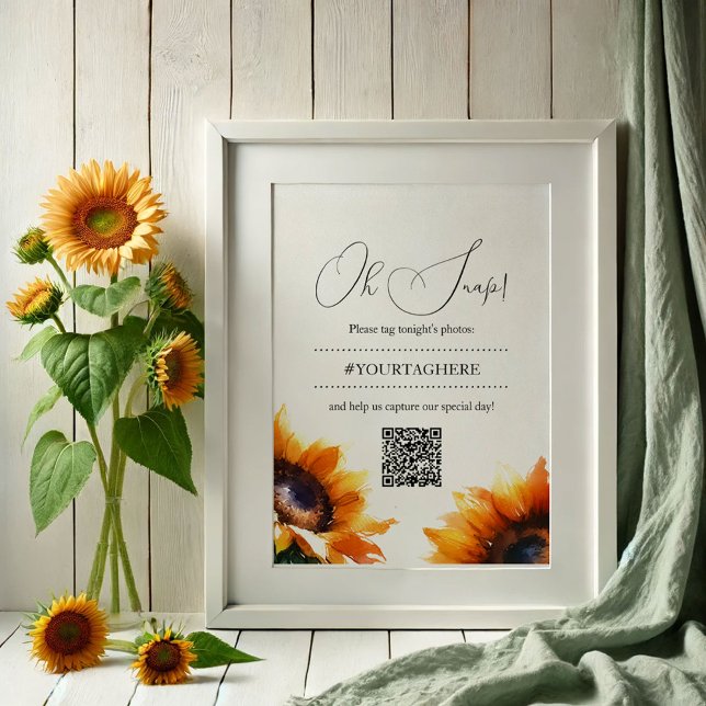 Sonnenblume Hochzeitstempel Poster (Sunflower wedding decor Oh Snap poster with QR code by VG Invites)