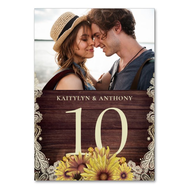 Sonnenblume Holz Elfenbeinspitze Foto Hochzeit Tischnummer (Vorderseite)