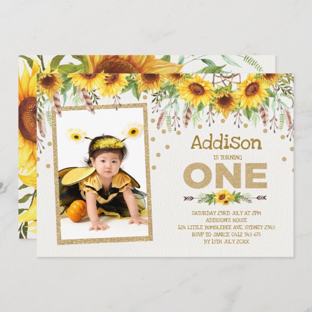 Sonnenblume Hummel Erster 1. Geburtstag Einladung (Vorne/Hinten)
