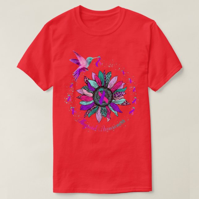 Sonnenblume Hummingbird Lila Aquamarin Rosa Ribbon T-Shirt (Design vorne)