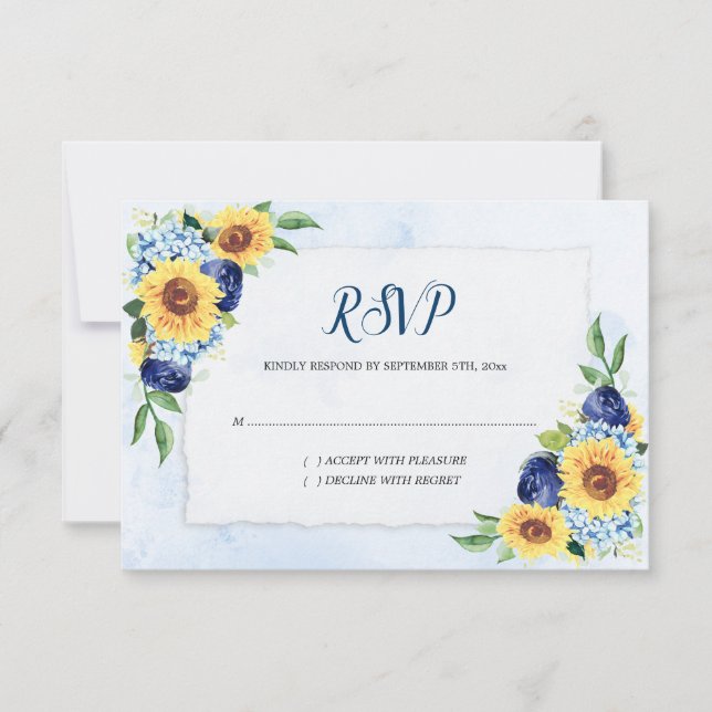 Sonnenblume Hydrangea Blue Watercolor Wedding RSVP Karte (Vorderseite)
