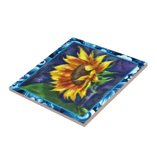 Sonnenblume in der nächtblauen, gelbgrünen Blume Fliese (Seite)