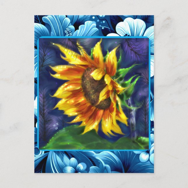 Sonnenblume in der nächtblauen, gelbgrünen Blume Postkarte (Vorderseite)