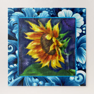 Sonnenblume in der nächtblauen, gelbgrünen Blume Puzzle