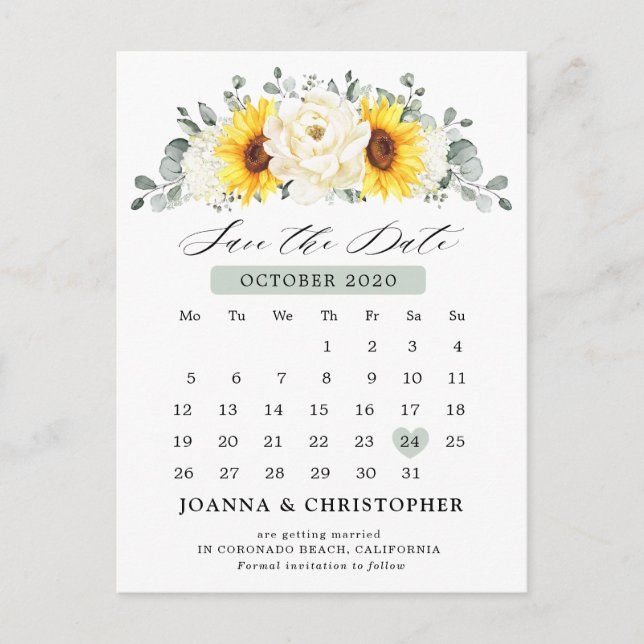 Sonnenblume Ivory Peony Eukalyptus Save the Date Postkarte (Vorderseite)