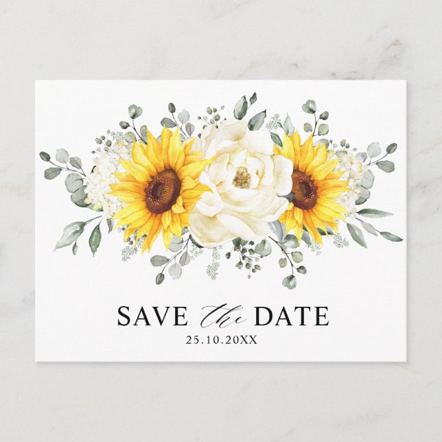 Sonnenblume Ivory Peony Eukalyptus Save the Date Postkarte (Vorderseite)