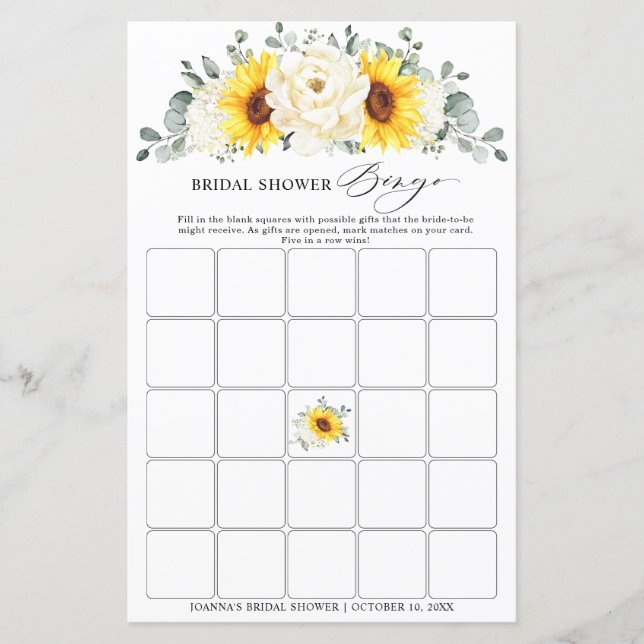 Sonnenblume Ivory Peony Floral Brautparty Bingo (Vorderseite)
