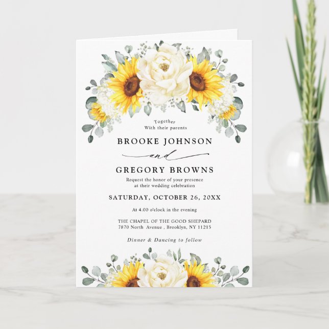Sonnenblume Ivory Peony Floral Eucalyptus Wedding Einladung (Vorderseite)