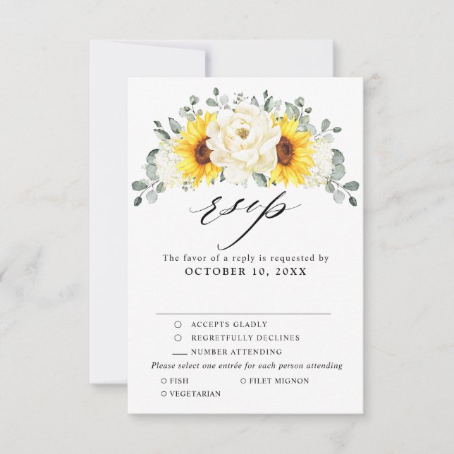 Sonnenblume Ivory Peony Floral Eucalyptus Wedding RSVP Karte (Vorderseite)