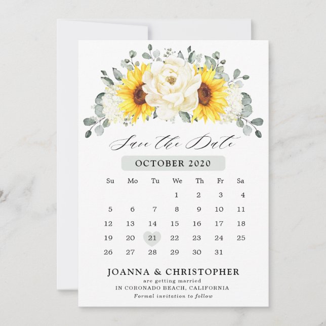 Sonnenblume Ivory Peony Floral Eucalyptus Wedding Save The Date (Vorderseite)