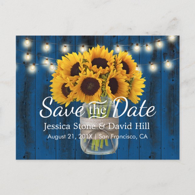 Sonnenblume Jar Navy Blauer Stall Hochzeit Retten  Ankündigungspostkarte (Vorderseite)