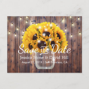 Sonnenblume Jar Rustic Barn Hochzeit Retten Sie da Ankündigungspostkarte