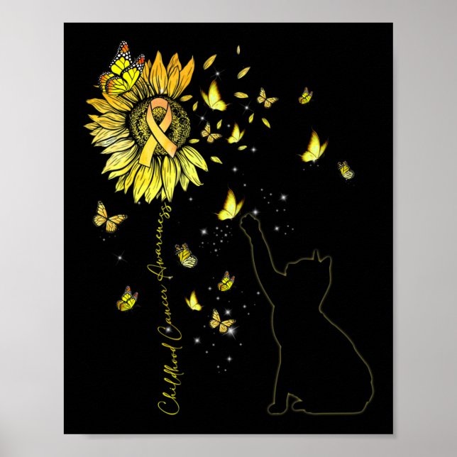 Sonnenblume Katze Gold Ribbon Kindheit Krebs Aware Poster (Vorne)