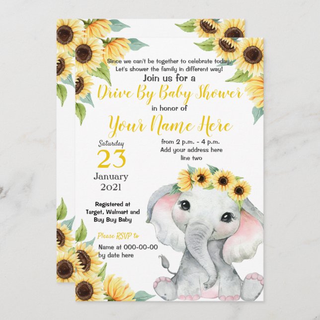 Sonnenblume Kinderdusche Elephant Yelow Girl Card Einladung (Vorne/Hinten)