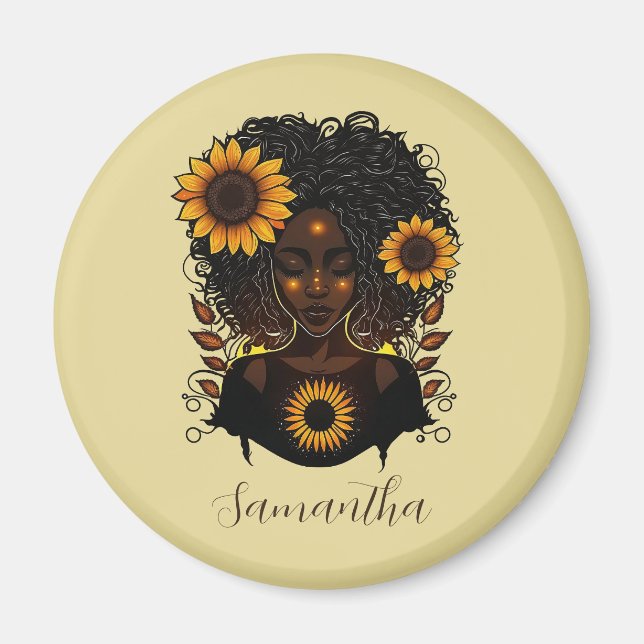 Sonnenblume Königin Afro Frau Magnet (Vorne)