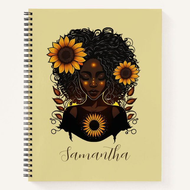 Sonnenblume Königin Afro Frau Notizbuch (Vorderseite)