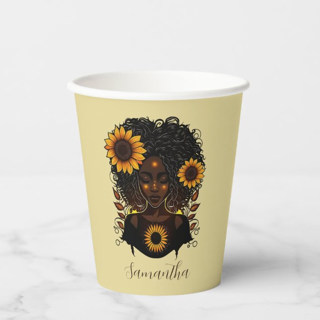 Sonnenblume Königin Afro Frau Pappbecher (Vorderseite)