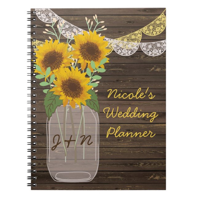 Sonnenblume Land Wood Mason Jar Wedding Notizblock (Vorderseite)