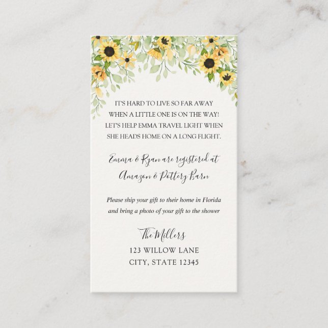 Sonnenblume Langer Babydusche Begleitkarte (Vorderseite)