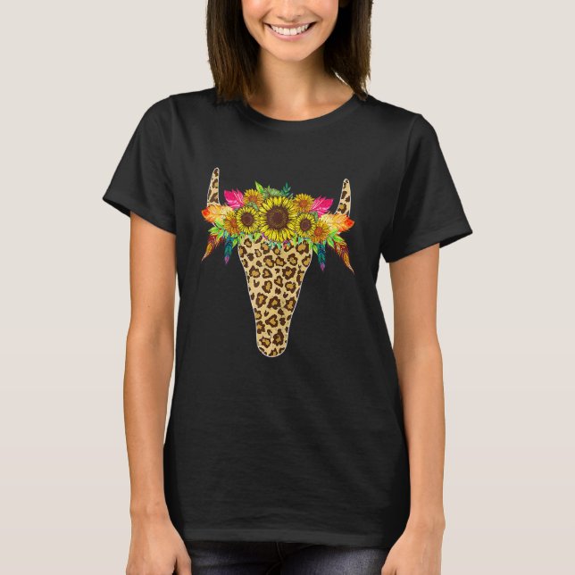 Sonnenblume Leopard Kuh Bull Skull Kostüm T-Shirt (Vorderseite)
