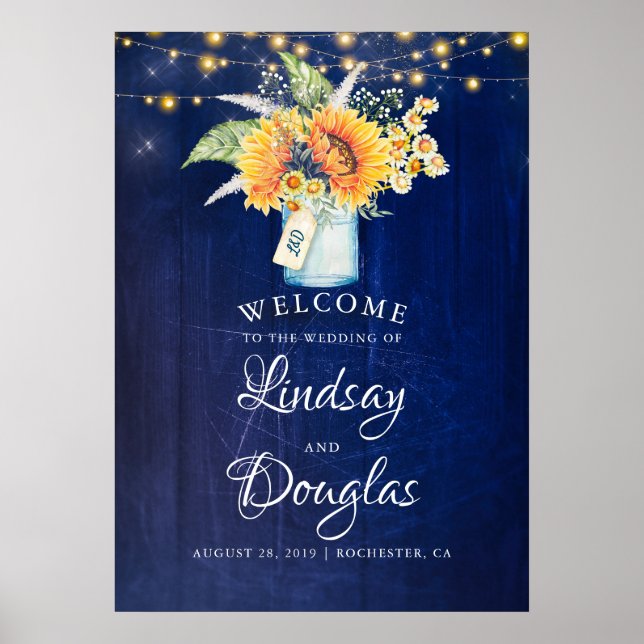 Sonnenblume Marine Blue Rustic Hochzeit Begrüßungs Poster (Vorne)