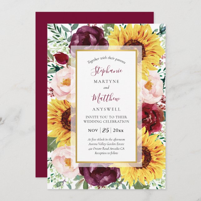 Sonnenblume Marsala Fall Burgundy Gold Wedding Einladung (Vorne/Hinten)