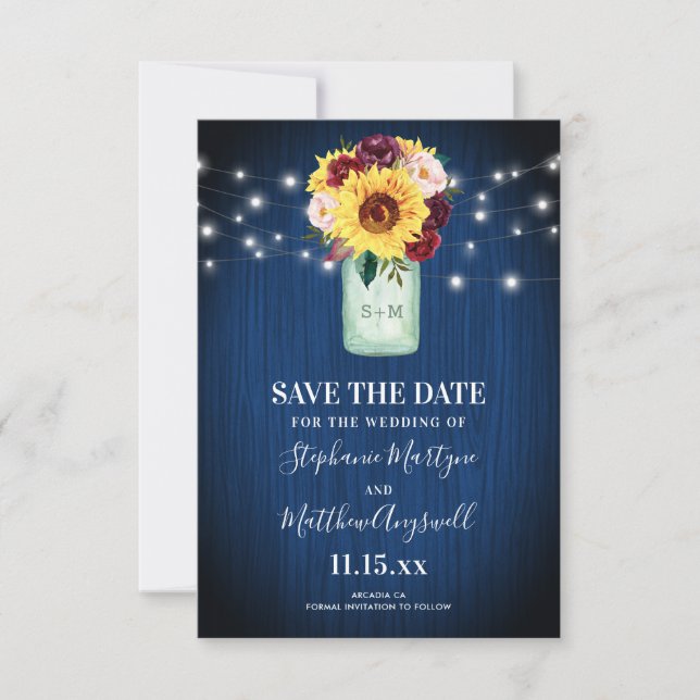 Sonnenblume Mason Jar Navy Blue Save The Date (Vorderseite)