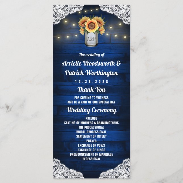 Sonnenblume Mason Jar Wood Lace Hochzeitsprogramme Programm (Vorderseite)