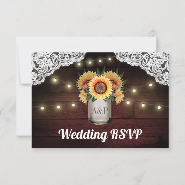 Sonnenblume Mason Jar Wood Lace Wedding RSVP Cards Karte (Vorderseite)