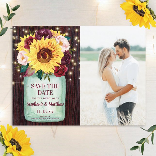 Sonnenblume Mason Jar Wood Lights Foto Hochzeit Save The Date (Von Creator hochgeladen)