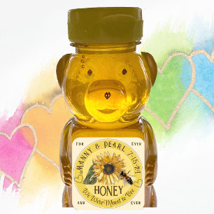 Sonnenblume mit Bee mini Honey Bear Label Hochzeit Quadratischer Aufkleber
