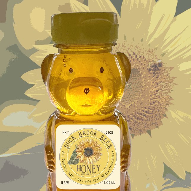 Sonnenblume mit Bienen Honigbären-Label 8 & 12 oz Quadratischer Aufkleber (Von Creator hochgeladen)