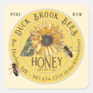 Sonnenblume mit Bienen Honigbären-Label 8 & 12 oz Quadratischer Aufkleber