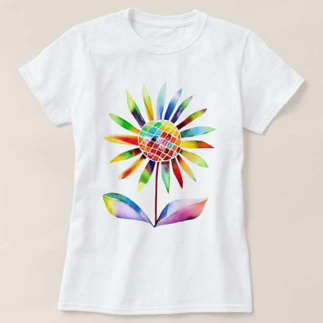 Sonnenblume mit Blätter in Regenbogenfarben T-Shirt (Design vorne)