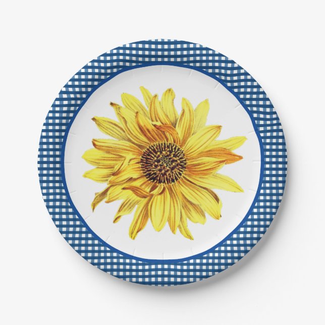 Sonnenblume mit Blue Gingham Border / Country Styl Pappteller (Vorderseite)