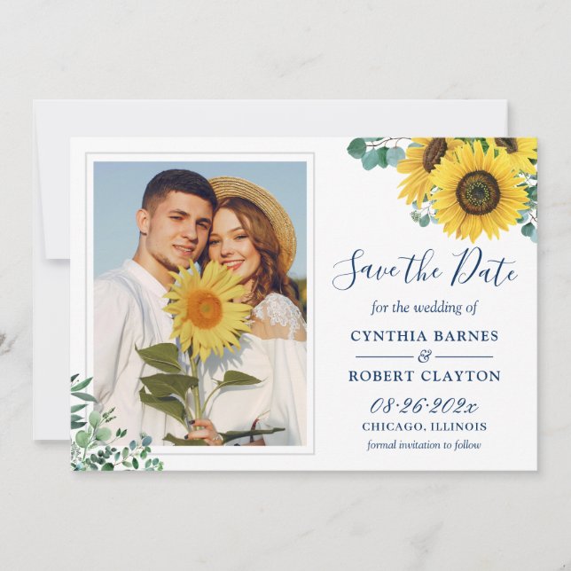 Sonnenblume mit Navy Yellow White Foto Hochzeit Save The Date (Vorderseite)