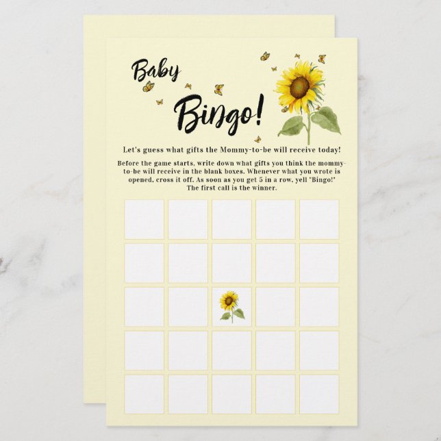 Sonnenblume mit Schmetterlingen Baby Bingo Game Fl (Vorne/Hinten)