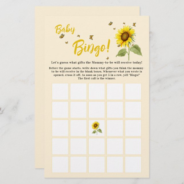 Sonnenblume mit Schmetterlingen Baby Bingo Game Fl (Vorne/Hinten)