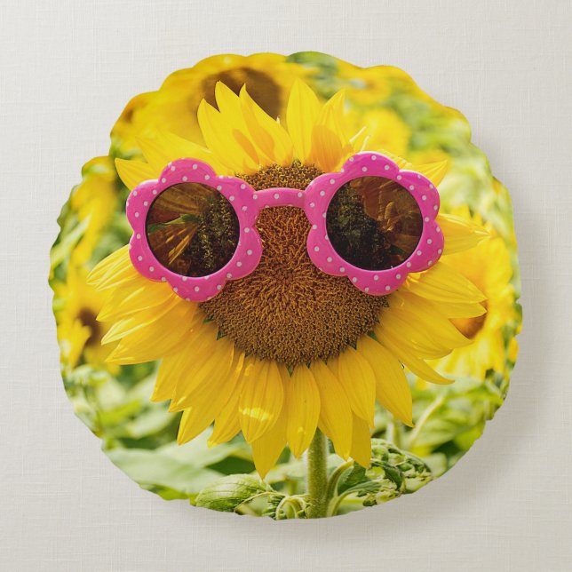 Sonnenblume mit Sonnenbrille Rundes Kissen (Vorderseite)