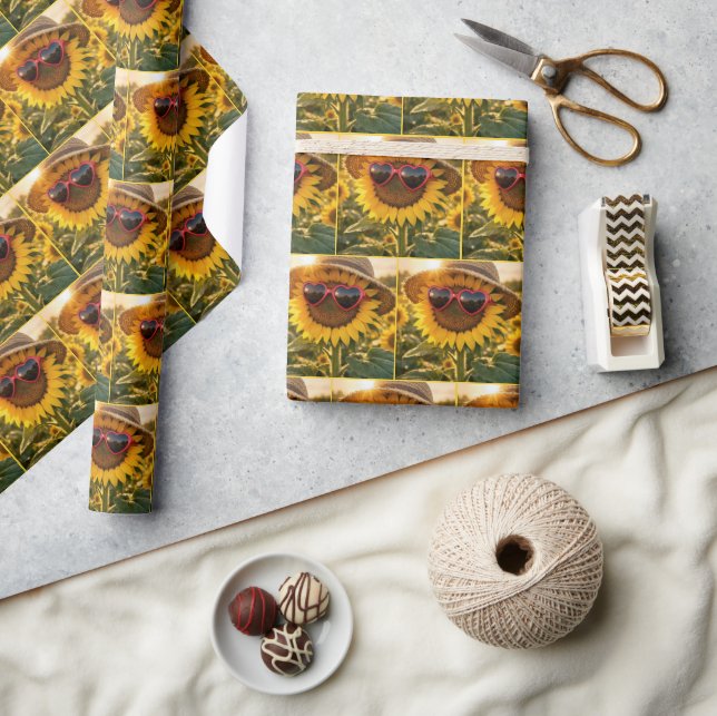 Sonnenblume mit Sonnenbrille und Strohhut Geschenkpapier (Kunsthandwerk)