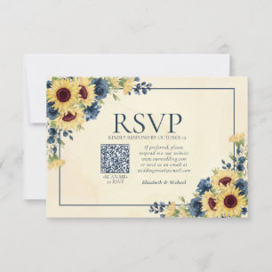 Sonnenblume Navy Blau Floral QR-Code-Hochzeit RSVP Karte