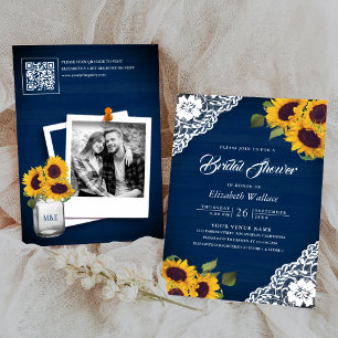 Sonnenblume Navy Blau Foto QR Code Brautparty Einladung