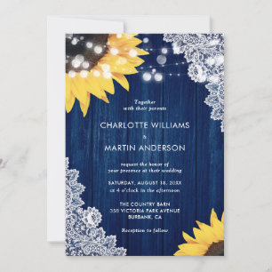 Sonnenblume Navy Blau Holz Blumen Spitze Hochzeit Einladung