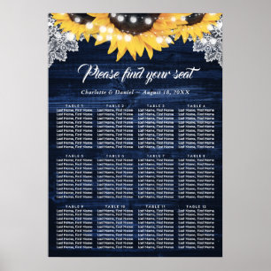 Sonnenblume Navy Blau Holz Hochzeits-Sitzplan 12 Poster