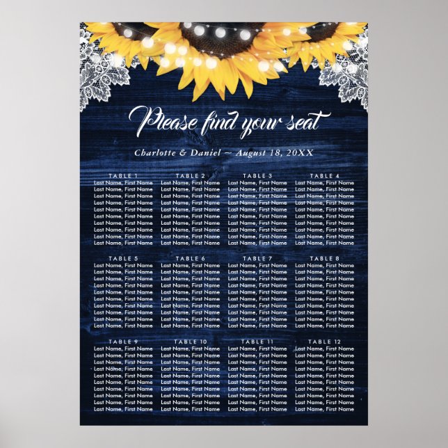 Sonnenblume Navy Blau Holz Hochzeits-Sitzplan 12 Poster (Vorne)