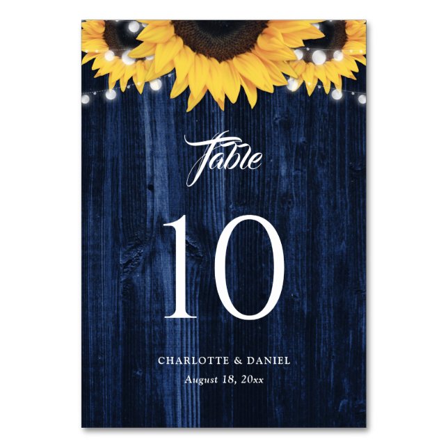 Sonnenblume Navy Blau Holz Lichterkette Tischnummer (Vorderseite)
