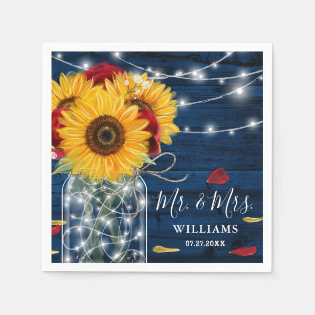 Sonnenblume Navy Blauer Rote Rose Rustikale Holzve Serviette (Vorderseite)