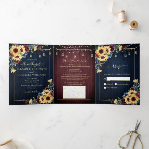 Sonnenblume Navy Blue Burgundy Wood Floral Hochzei Dreifach Gefaltete Einladung